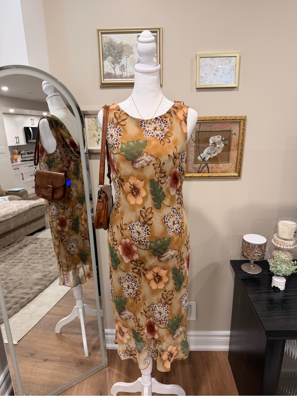 Robbie Bee Golden Floral Midi Dress with Green Leaf Accents